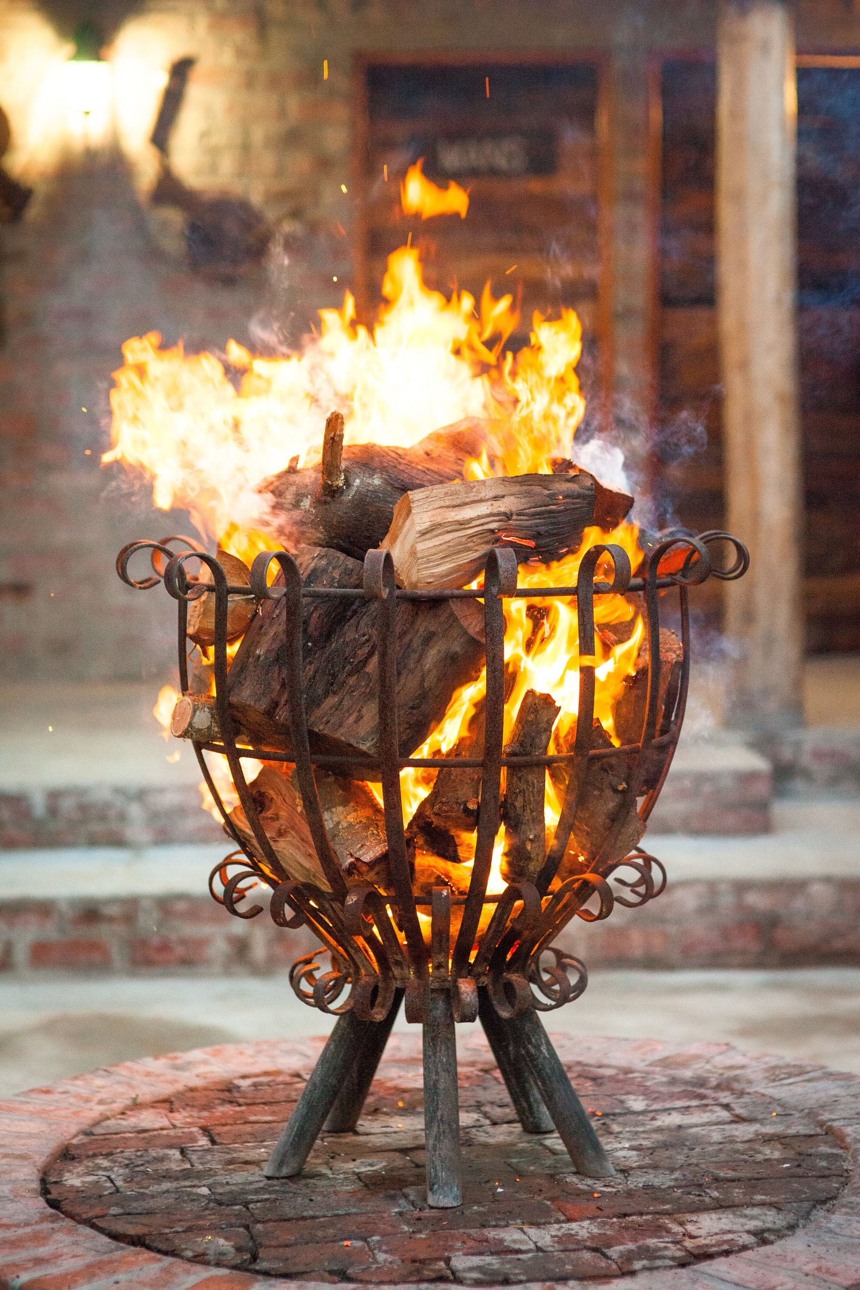 Fire burning in the venue’s iron basket