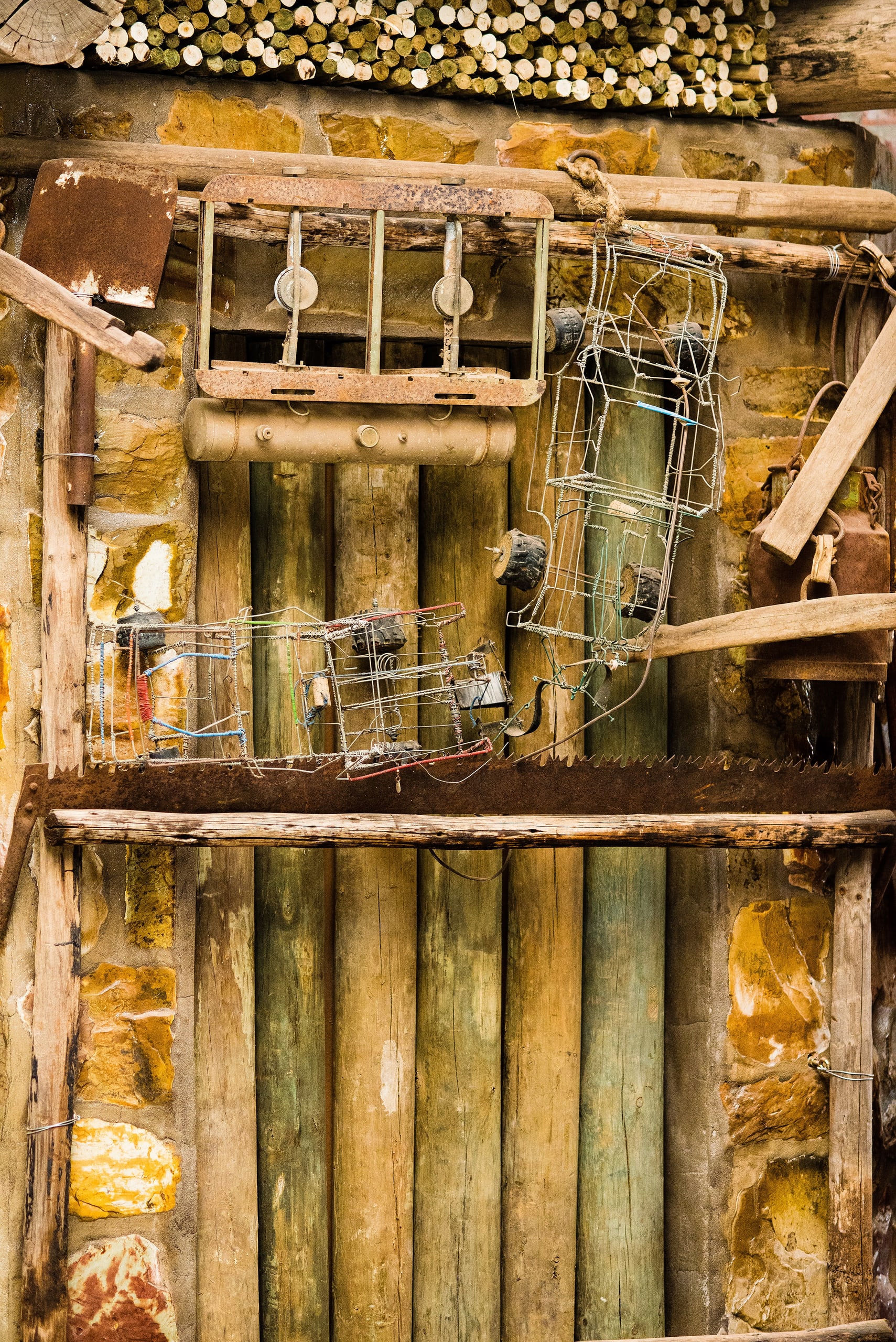 Old metal tools and weathered timber